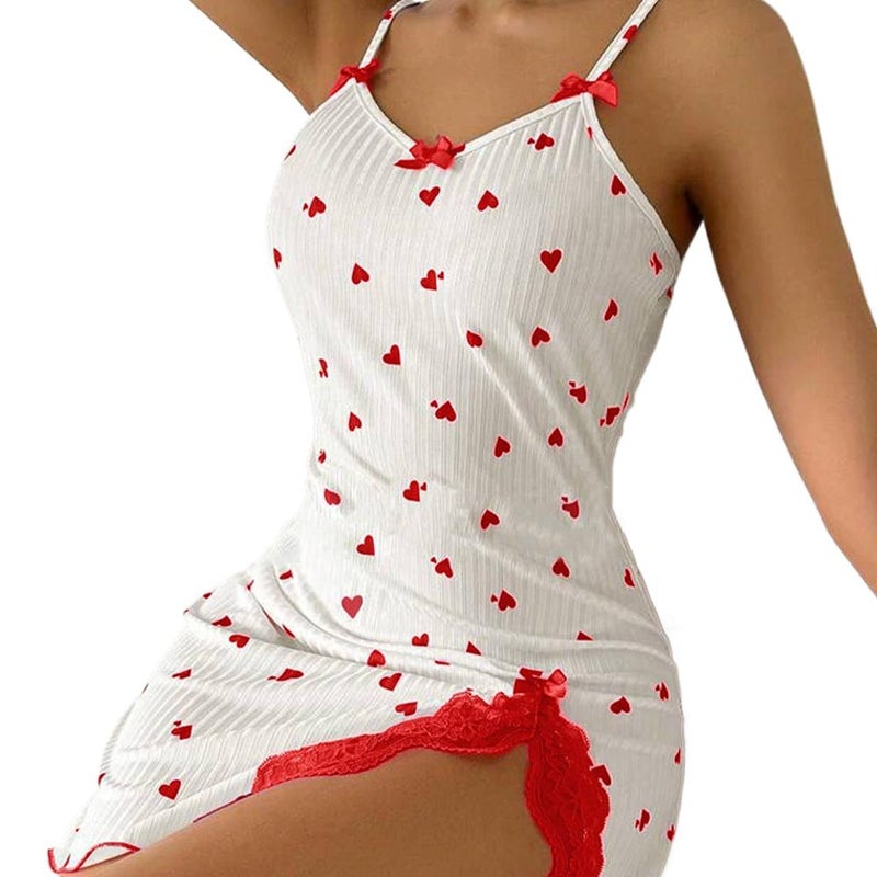Heart-print color-blocked slip dress, loungewear style; lace-trimmed slip dress with slit.